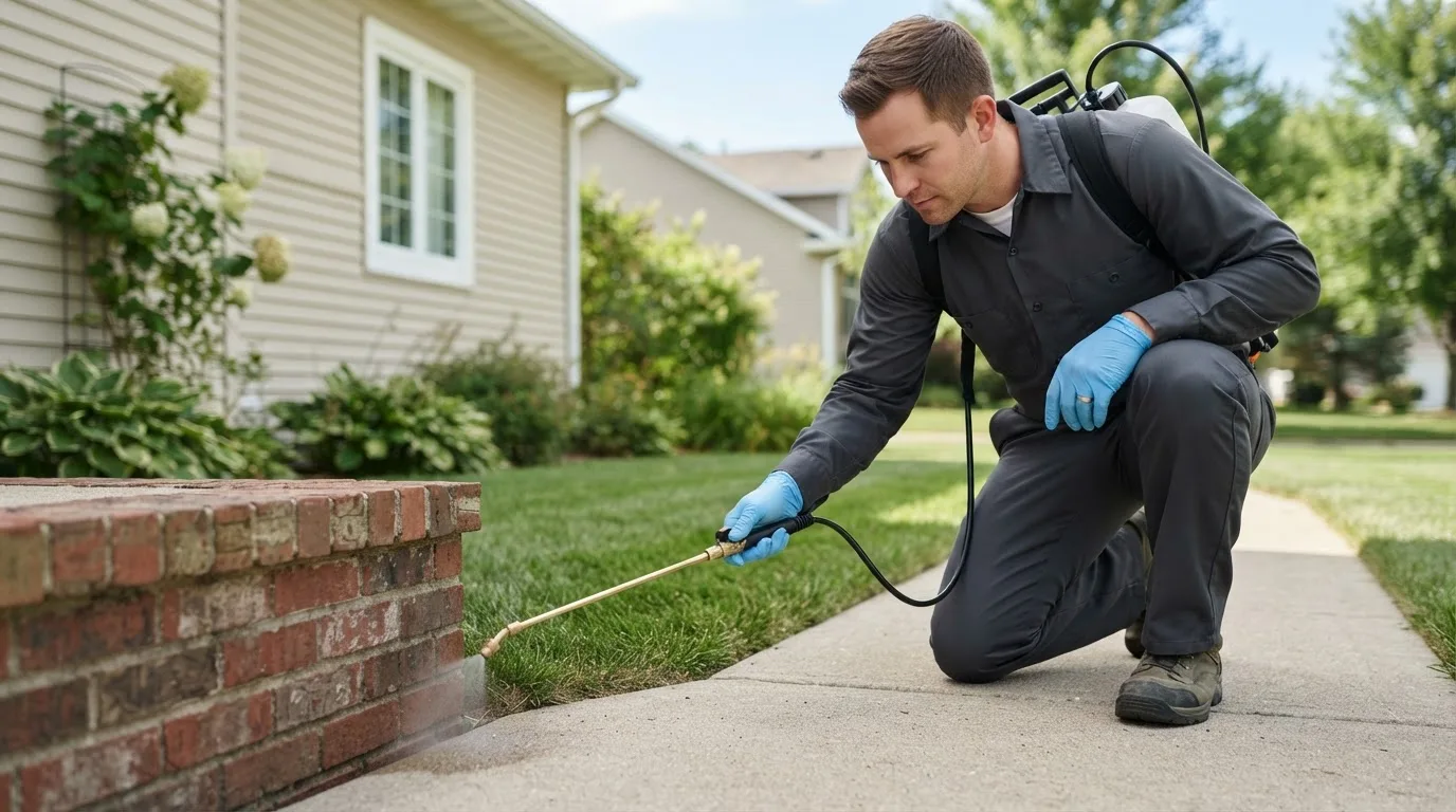 Pest control technician treating a home near Mapleton, IA