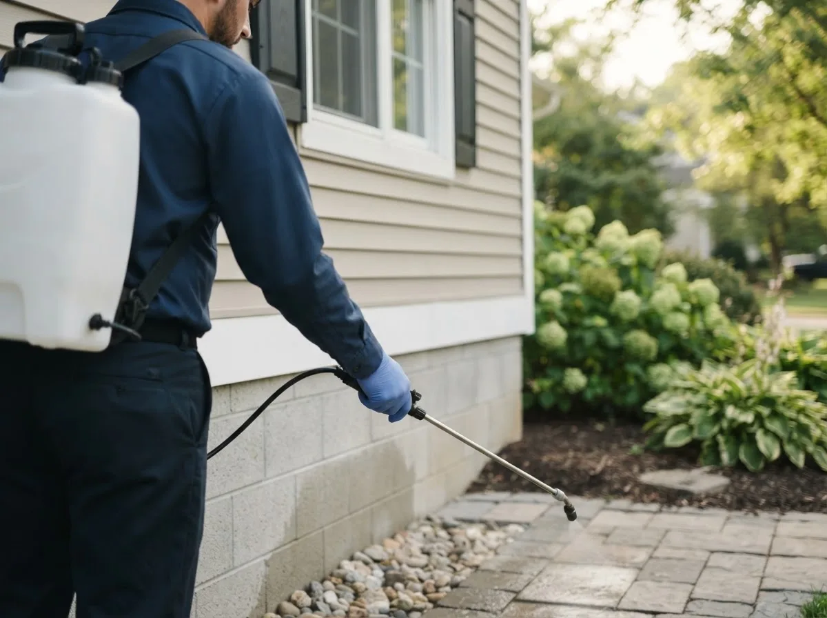 Pest control technician inspecting a home in Mapleton, IA